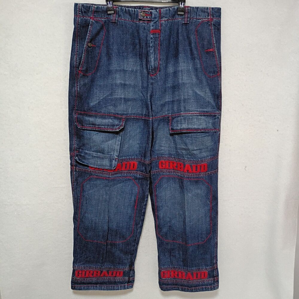 Marithe Francois Girbaud Men Wide Leg Baggy Jeans Blue Y2K 44M Skate Red Logo